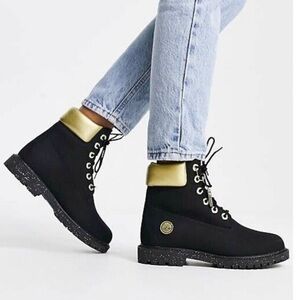 TIMBERLAND Women’s 6” Heritage Premium Hiking Boots black gold metallic panel 9